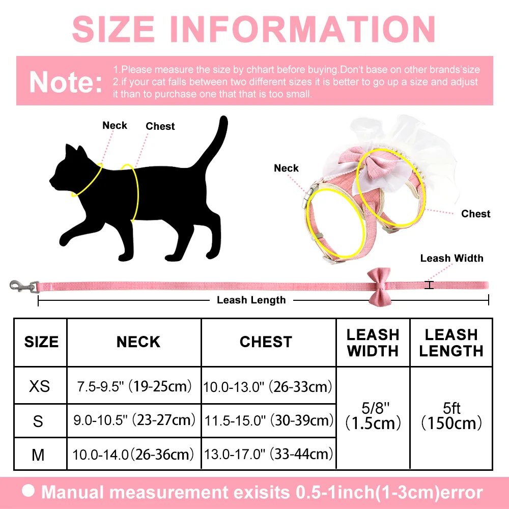 Cute Bowknot Cat Harness Leash Princess Cat Dress Costumes Nylon Kittten Party Dress Puppy Harnesses For Small Dogs Cats Pink