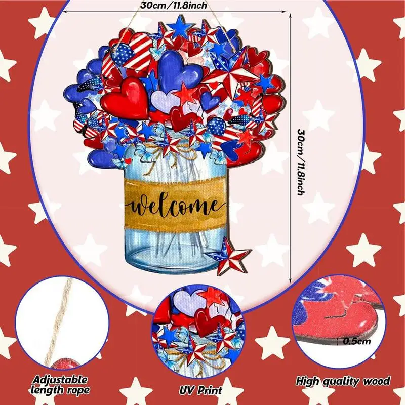 4th Of July Door Sign Farmhouse Patriotic Door Hanger For Front Door 4th Of July Wooden Welcome Door Sign For Independence Day