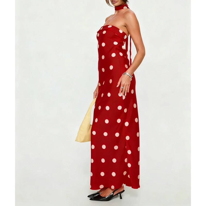 Abito lungo da donna elegante senza spalline con ritaglio senza schienale Y2k Abito a trapezio da festa slim con stampa a pois vintage con sciarpa