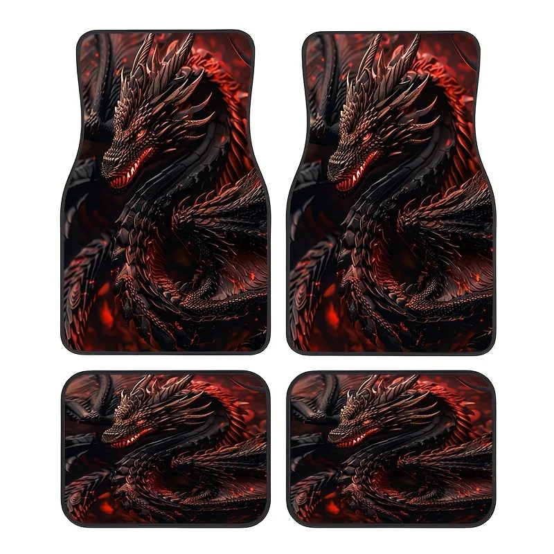 

4pcs Black And Red Dragon Pattern Car Floor Mats - Suitable For Front And Rear Seats, Stylish Dragon Pattern, Car Interior Acces