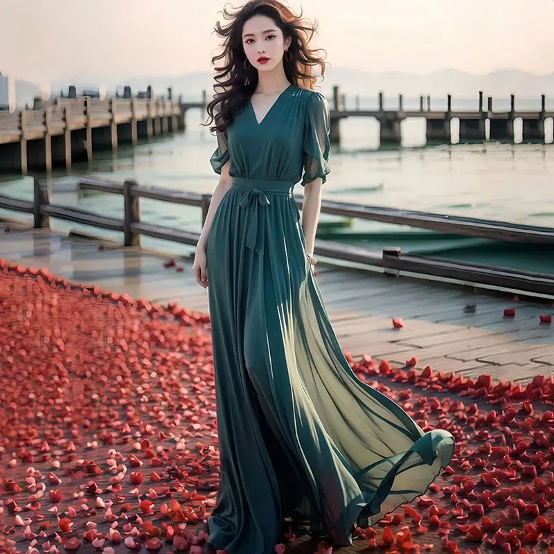 

2025 New Green Dress Women's Summer Chiffon Beach Skirt Stylish Ankle Long Beach Photo Slim Minimalist Commuting Female Vestidos