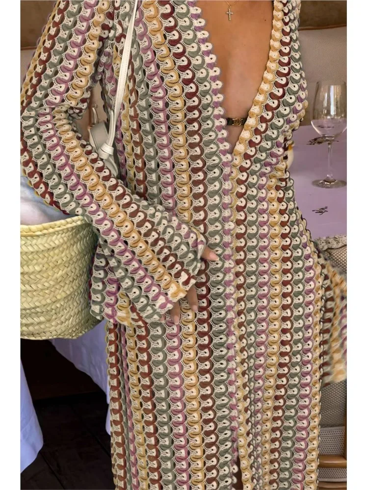 خريف جديد الكروشيه الملونة شريط فستان ماكسي المرأة موضة العميق الخامس الرقبة عالية سبليت مثير فساتين طويلة الشاطئ مأدبة Vestidos