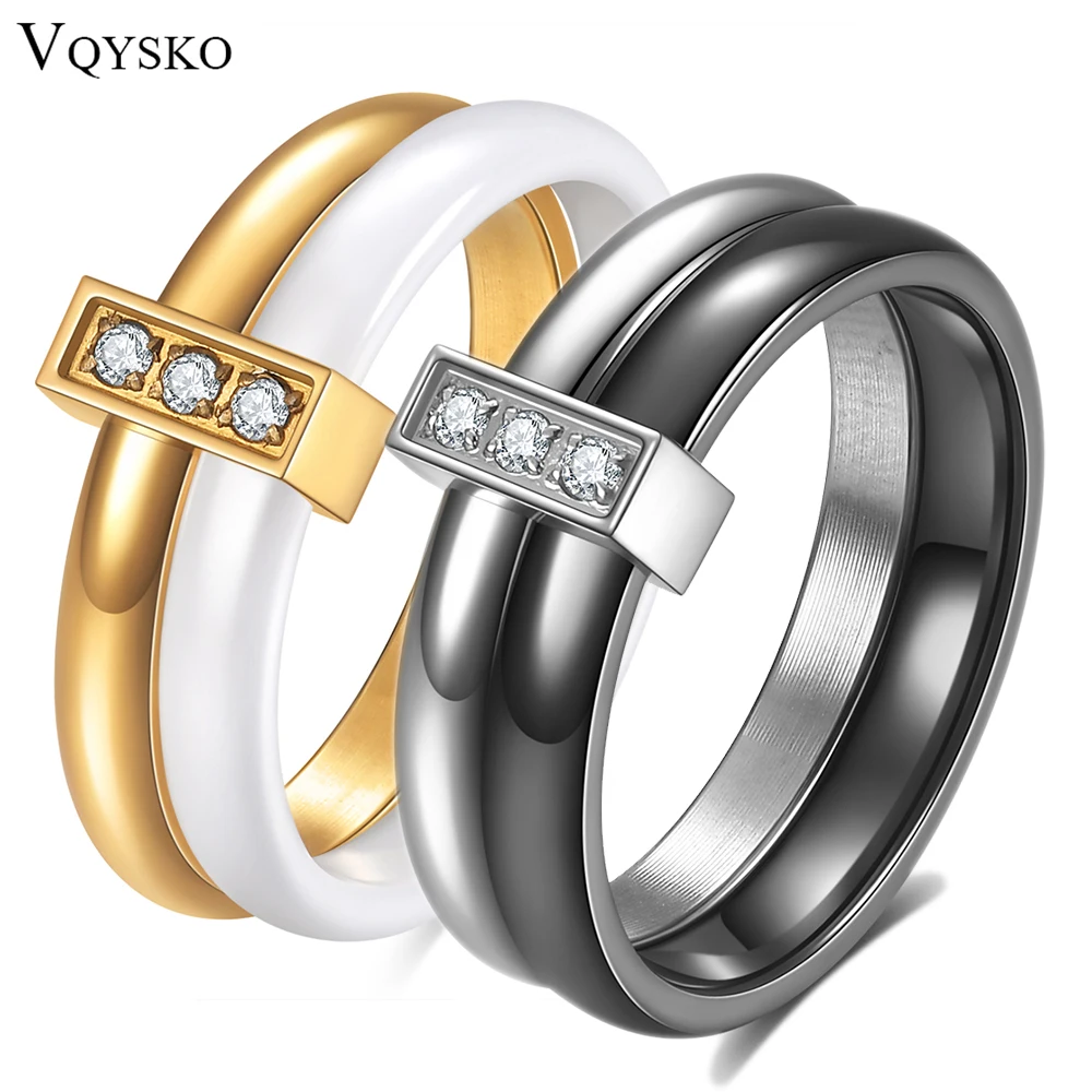 VQYSKO Two Layer Move Ceramic Stainless Steel Rings Cubic Zirconia Band Wedding Jewelry Daily Lover\'s Rings