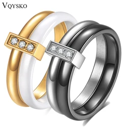 VQYSKO Two Layer Move Ceramic Stainless Steel Rings Cubic Zirconia Band Wedding Jewelry Daily Lover's Rings