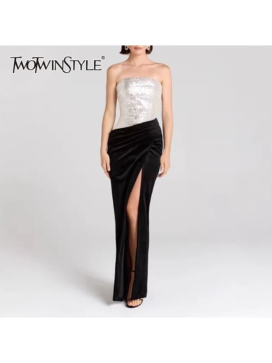 

TWOTWINSTYLE Hit Color Spliced Sequins Fashion Dresses for Women Strapless Sleeveless Tunic Split Patchwork Folds Dress Female