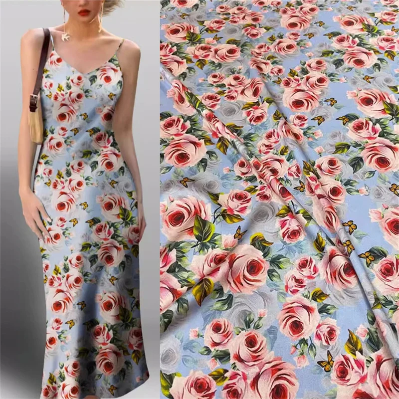 Fashion Brand Wide 140cm Elastic Satin Silk Fabric Rose Shadow Fresh Elegant High-end Dress Cheongsam Clothing Fabric By Meter