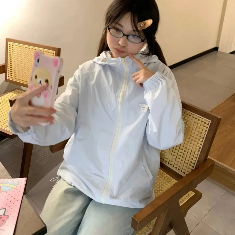 Women's Cute Casual Summer Thin Sun Protection Jacket Puppy Embroidery Loose Raglan Sleeve Windbreaker Coat