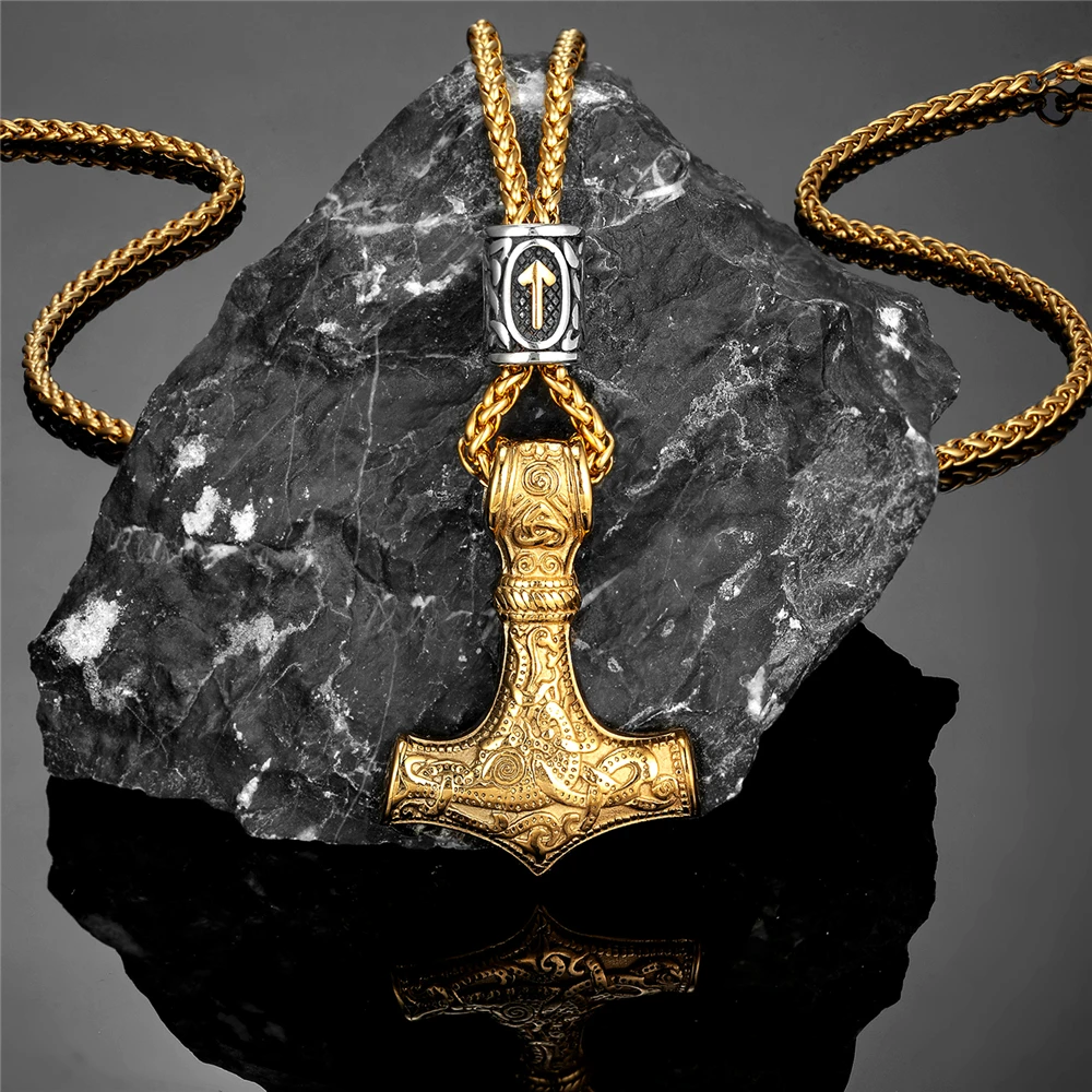 Gold Plated Norse Runes Beads Thor's Hammer Necklaces Men's Stainless Steel Mjolnir Pendant Vikings Anchor Amulet Male Jewelry