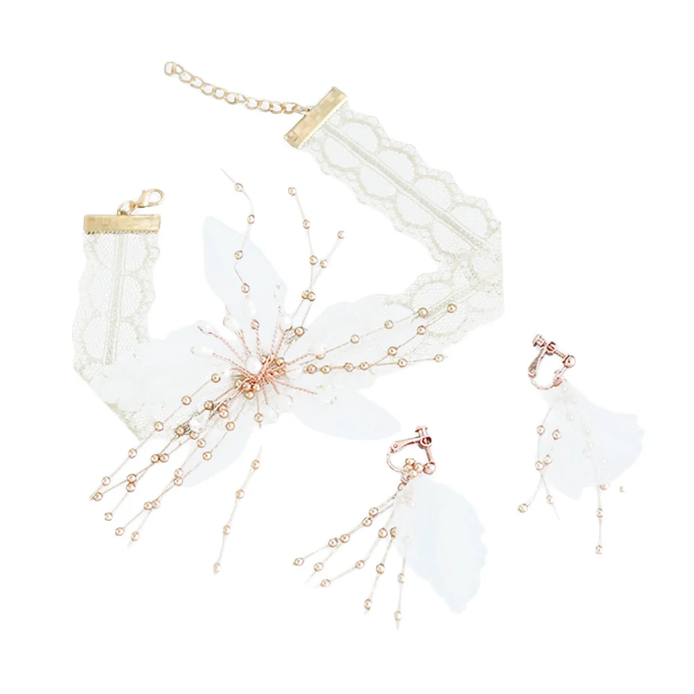 

1Set Floral Earring and Necklace Set Women's Delicate Flower Beaded Dangler Jewelry Chic Fashion Choker Ear Clip for Party