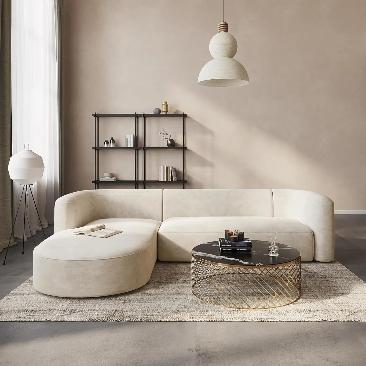 Sofá de terciopelo con respaldo curvo, moderno y de lujo, cómodo sofá de estilo minimalista para sala de estar, apartamento, seccional en forma de L con