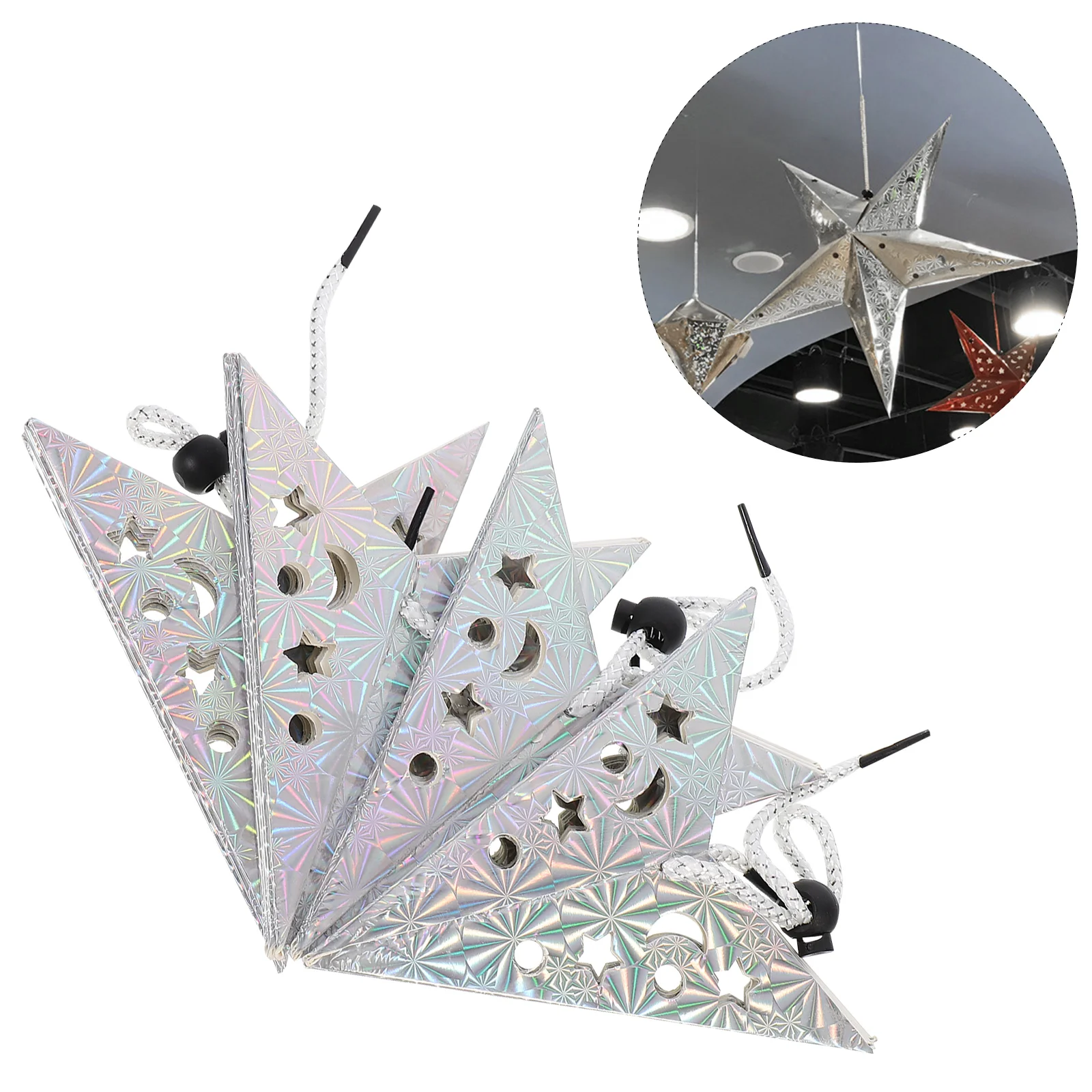 4 Pcs Christmas Garland Pentagram Pendant Five Point Star Lampshade 3D Paper Tree Topper Wreath Light Silver Ceiling