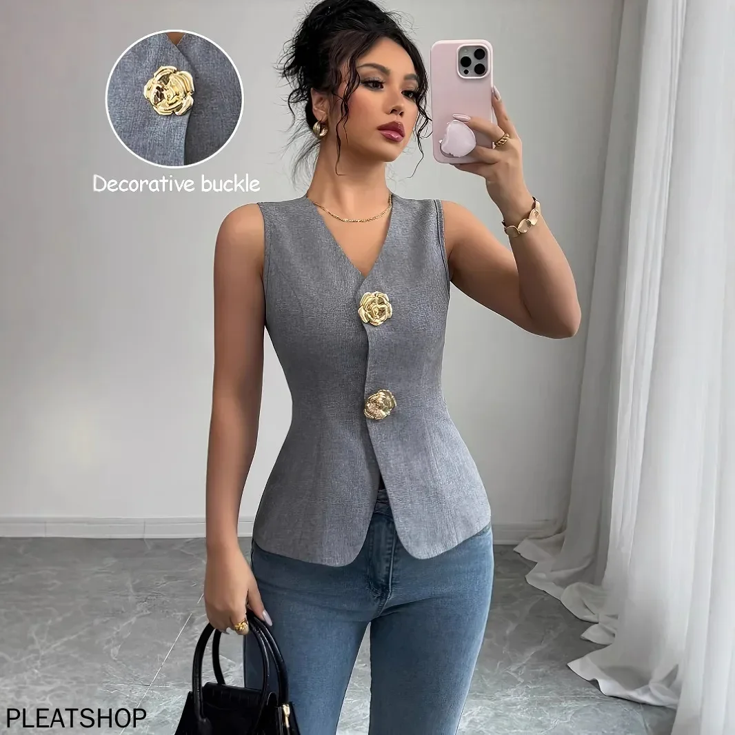 

Slim Fit Sleeveless Rose Button Vest Commute Pure Color New Arrival Summer 2025 V Neck Polyester Fiber Women's Jacket Vest