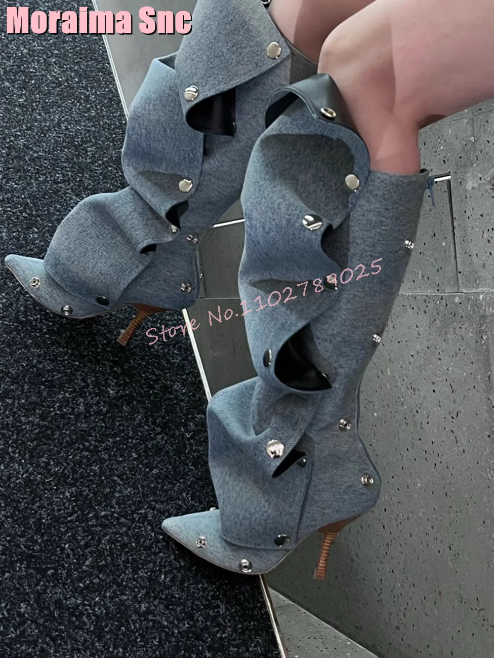 

Denim Unique Button Pointed Toe Long Boots Back Zipper Stiletto High Heel Women Knee High Boots Runway Fashion Autumn Winter New