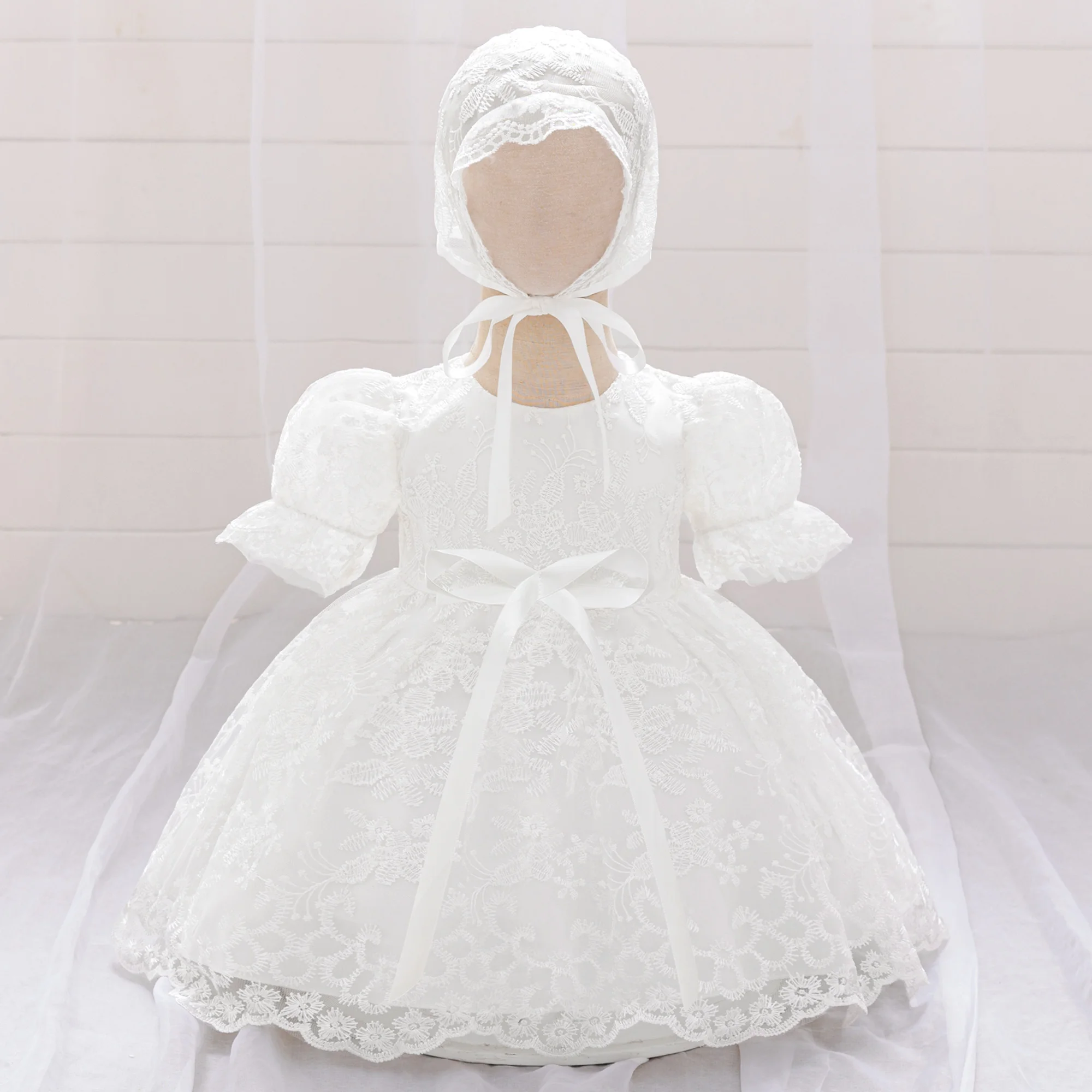 

2pcs Baby White Baptism Girl Party Dress Fluffy Lace Flower 1st Birthday Wedding Princess Dress Kids Bow Embroidery Prom Costume