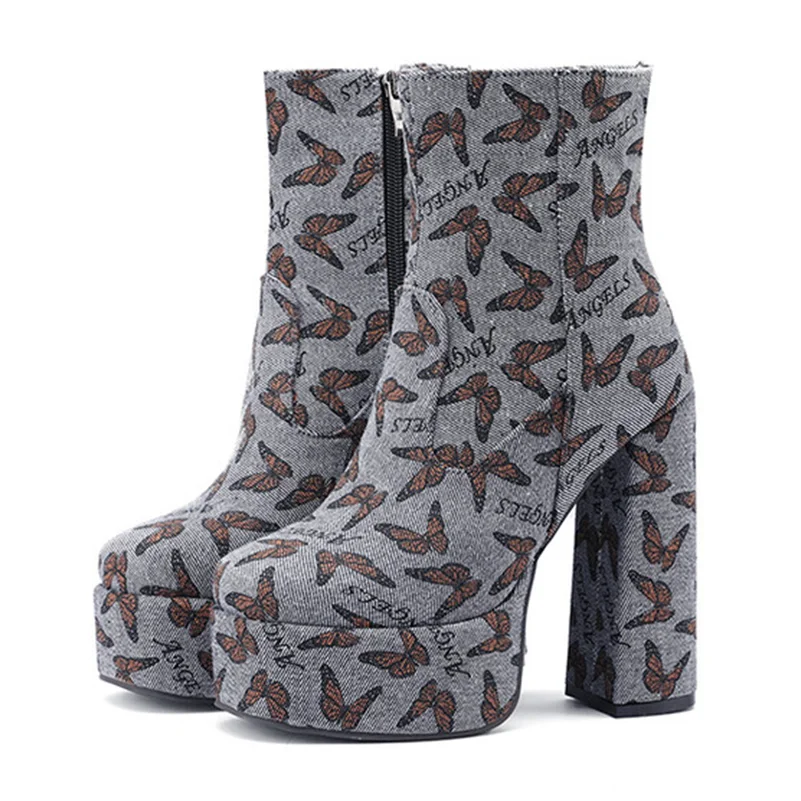 ANNYMOLI – bottines en cuir Pu pour femmes, chaussures à semelle épaisse et à talons hauts, bout rond, fermeture éclair, Sexy, gris, bleu, collection hiver et automne