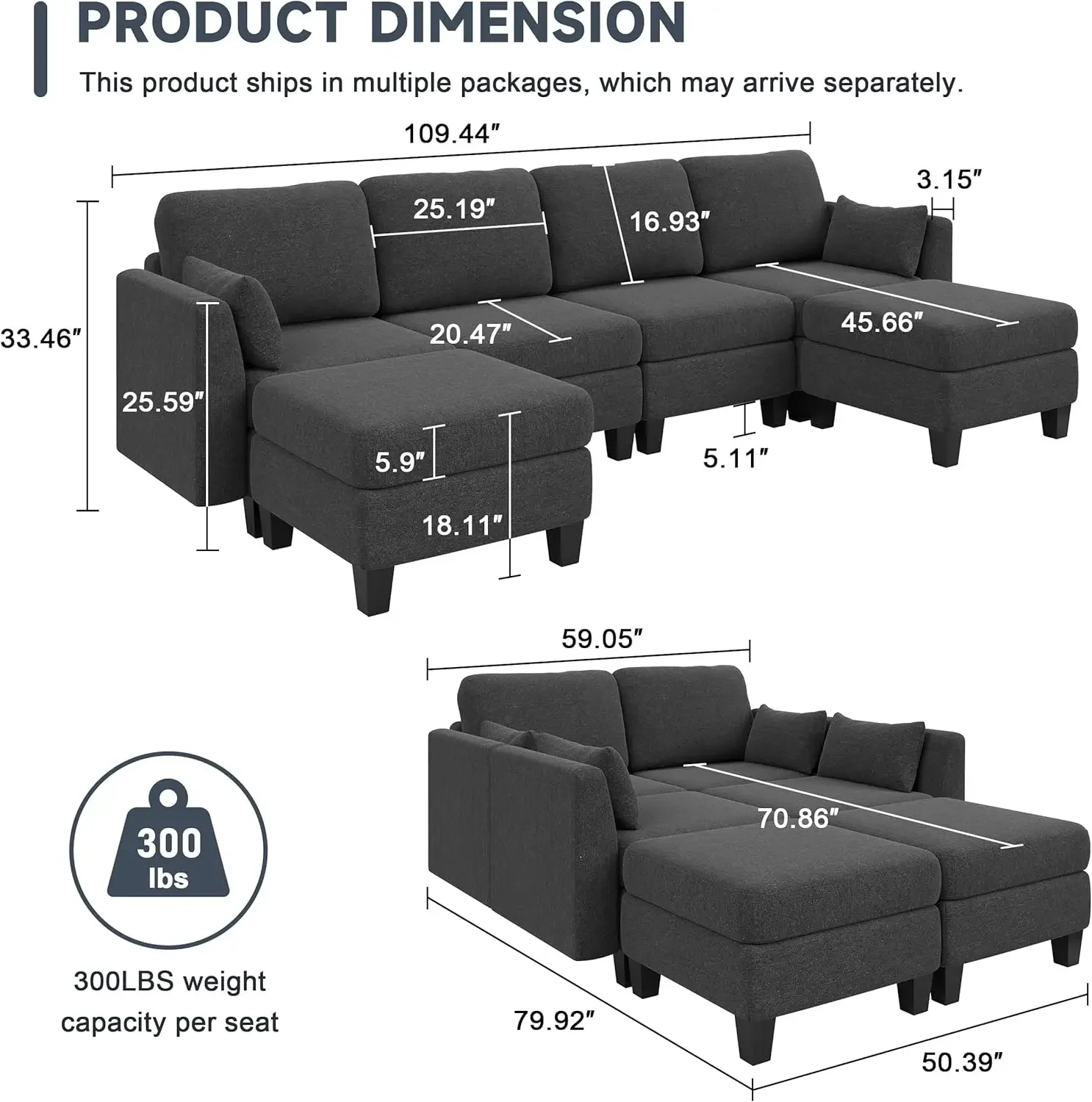 Convertible U Shaped Sofa Couch with High Density Memory Foam, Modern U Shaped Sectional Sofa, Dark Grey