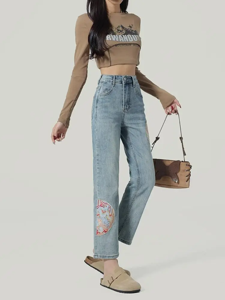 Neue Chinesische Sle Hohe Taille Gerade Bein Jeans frauen Frühling Sommer Kleine Größe Stickerei Abnehmen e Rohr Hosen