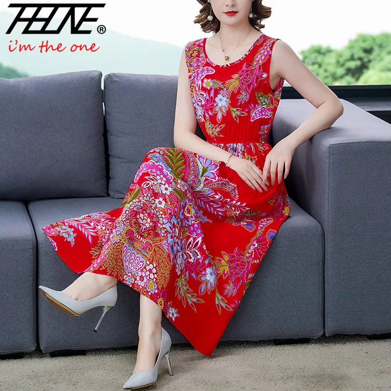 Robe Vestidos Sommer Tank Kleid für Frauen ärmellose verstellbare Taille Maxi lange Urlaub Vintage Print lässige böhmische Kleider