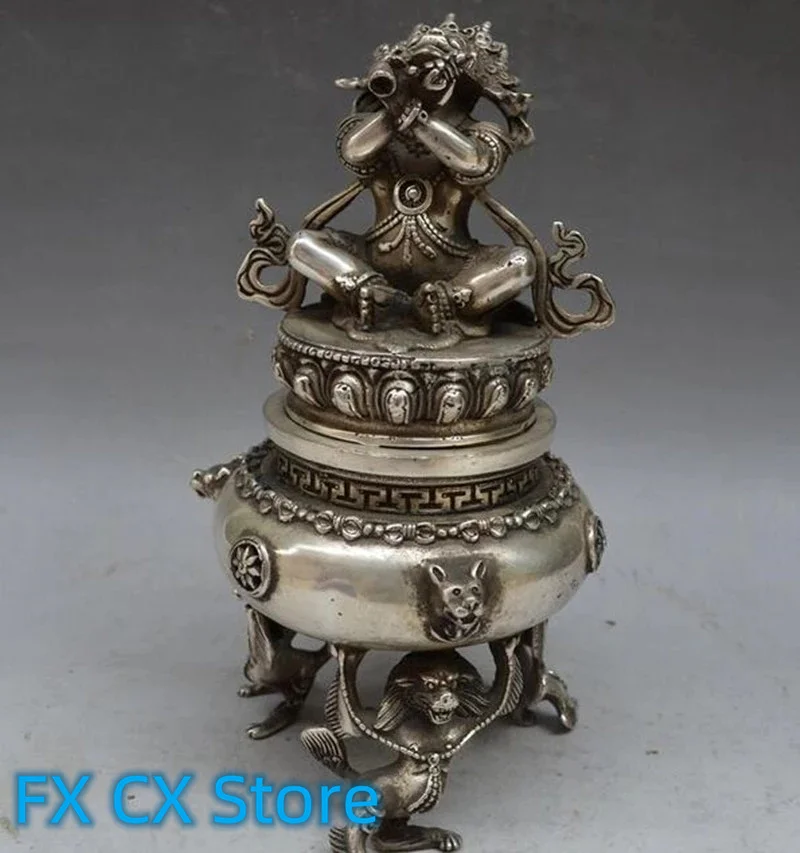 Antique Tibetan White Copper Big Black Sky Buddha Incense Burner Censer