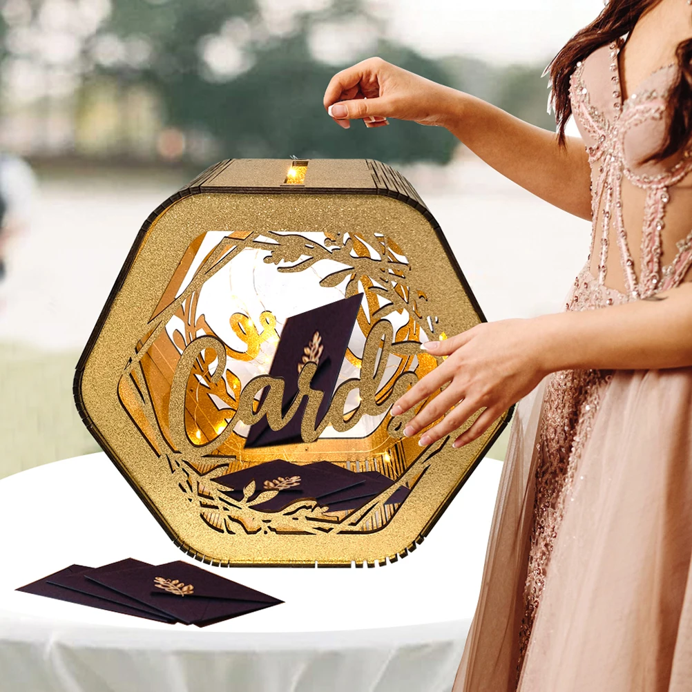 

Wooden Card Box for Baby Shower Decoration Elegant Hollow Design Blessing Container Anniversary Cards Holder Wooden Wedding