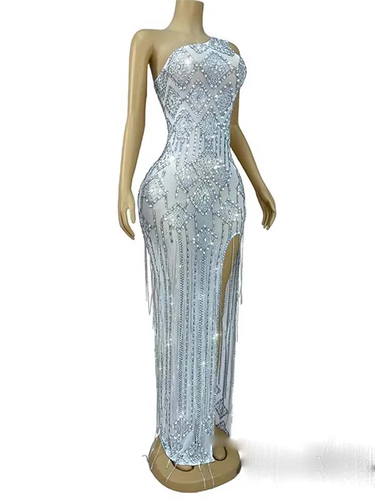 Wysokiej jakości frędzle z kryształkami seksowna ukośna sukienka na ramię elastyczna sukienka 2025 nowych moda niestandardowa odzież damska