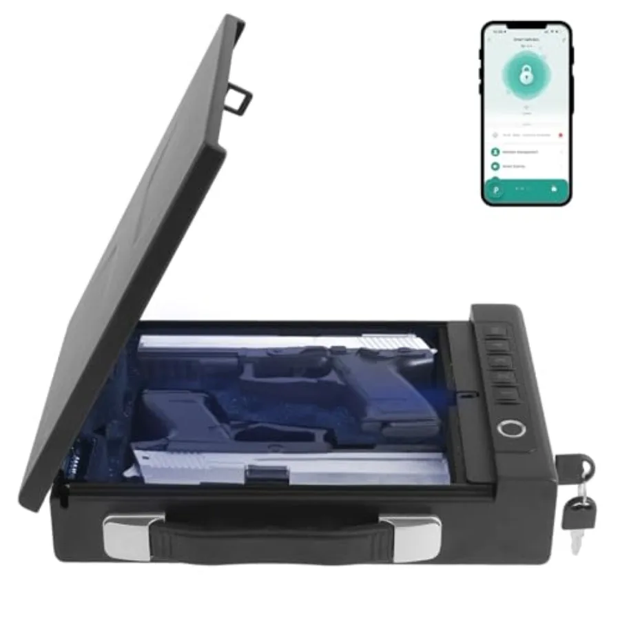 

Портативный биометрический сейф для пистолетов - сейф для оружия в машину с 4 способами открывания: отпечаток пальца, цифровой PIN-код, ключ и приложение.