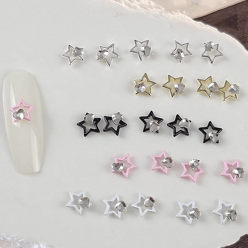 10PCS 7mm Hollow Metal Pentagram Nail Art Stars Accessories Charm Parts Heart Rhinestones For Nails Decoration Manicure Supplies