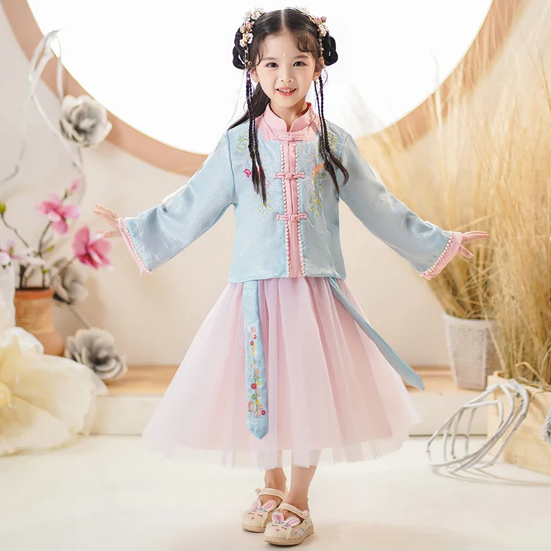 Spring Girls Chinese Lovely Tang Suit Chinese Traditional Kids Lace Embroidery Ancient Hanfu Children Perform Costumes