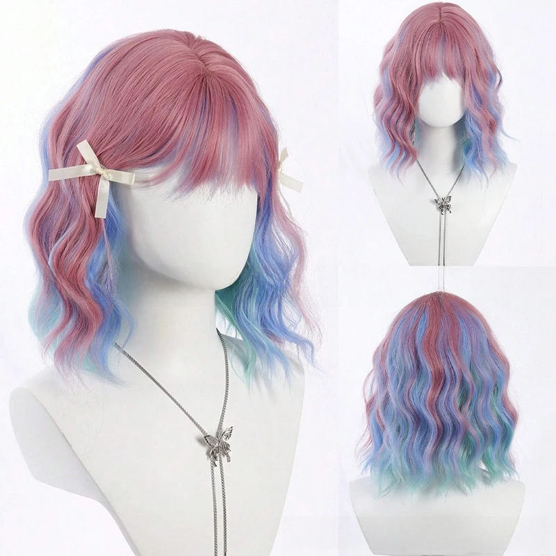 

Короткий тонкий цветной парик для женщинLolitaPink Rainbow Mixed Color Highlight Короткие вьющиеся волосы Парик Синтетический парик на всю голову