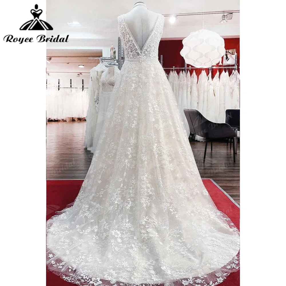 Beautiful Long A-Line Lace Appliques Wedding Dress Tulle Open Back Backless Sleeveless Novelty Wedding Gown Robe Mariée