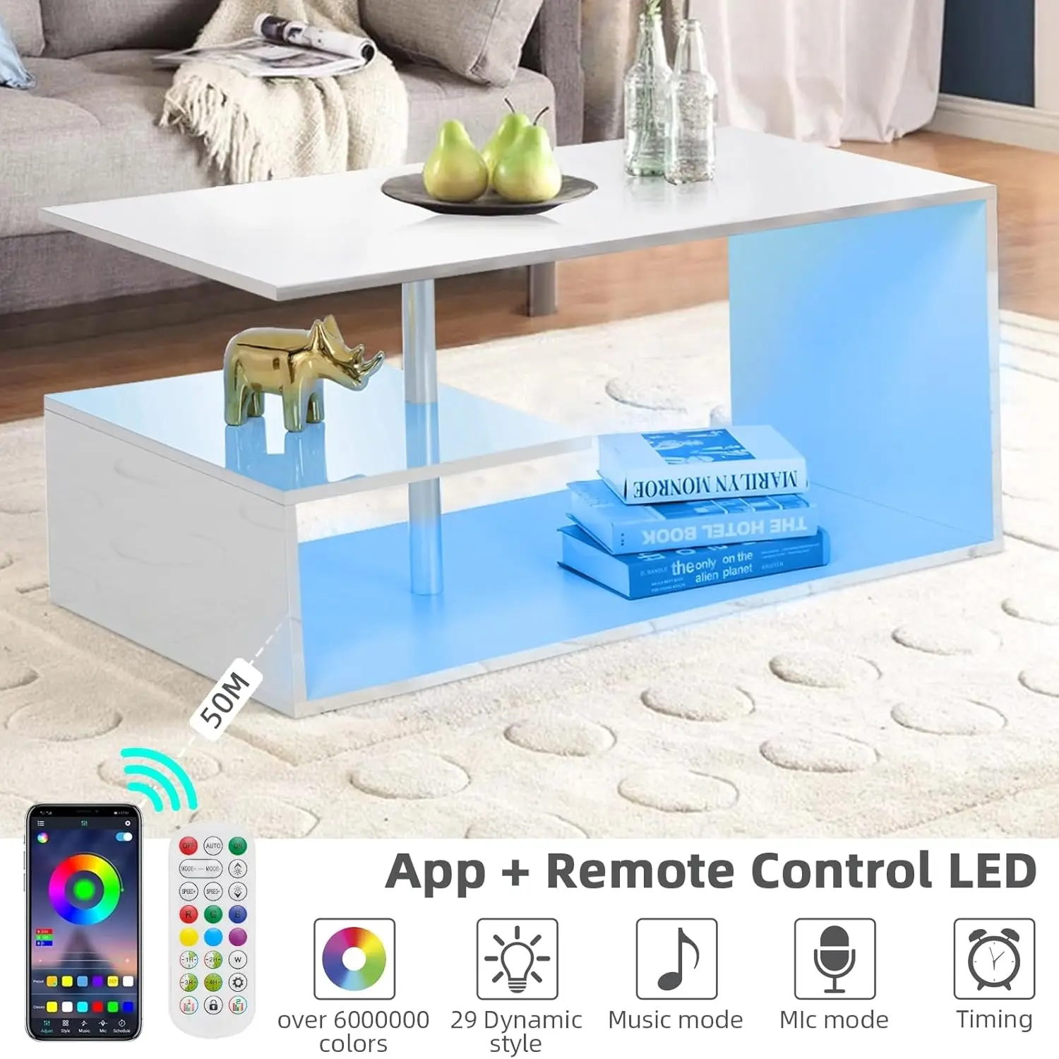 LED Coffee Tables for Living Room Modern with S-Shaped 3 Tiers Open Storage Shelf High Gloss Center Sofa Tea Table