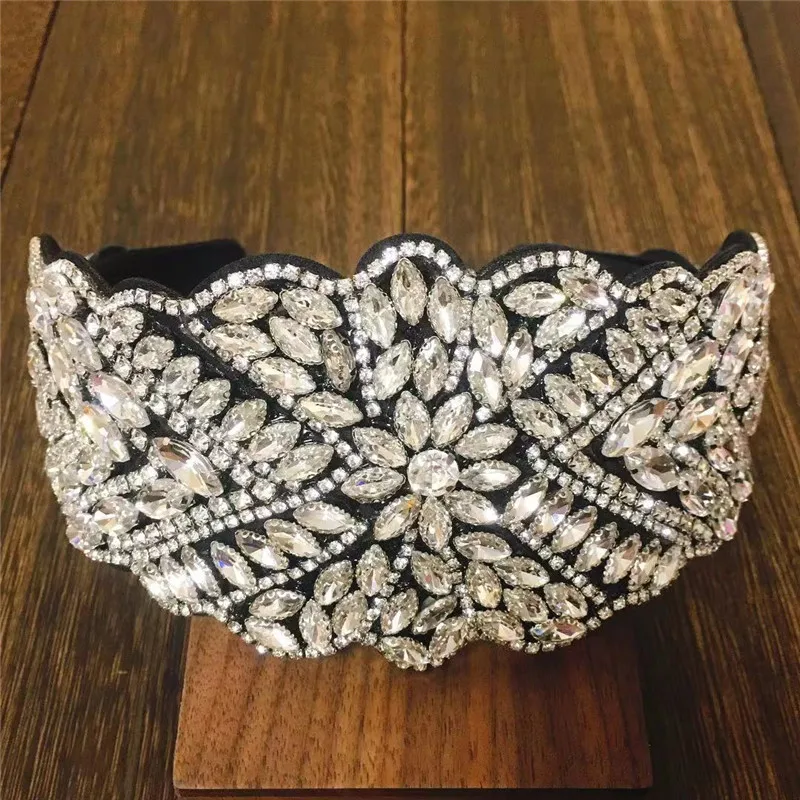 

8CM Wide New Design Luxury Baroque Rhinestone Headband For Women Silver Full Crystal Diamond Hairband Hair Hoop Girls Gift