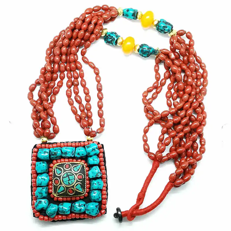 Tibetan jewelry Big Squre Pendant Necklace with Red Lampwork Glass Beads Chain TNL202