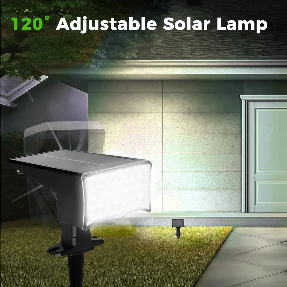 2 قطعة مصابيح كاشفة تعمل بالطاقة الشمسية مقاومة للماء في الهواء الطلق، 28 LED، 120 °   رأس إضاءة قابل للتعديل، أضواء المناظر الطبيعية 2 في 1، لحديقة ساحة الممشى