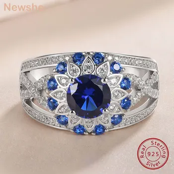 Newshe 925 sterling silver white blue sapphire flower engagement rings for women wedding round zircon dating party cocktail ring