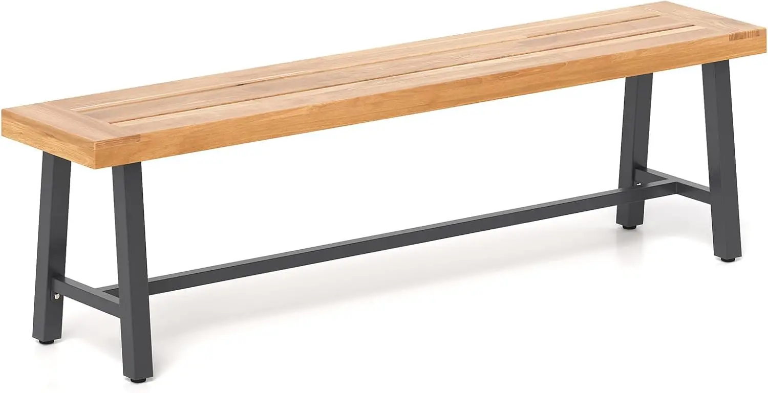 Outdoor Garden, Porch, Backyard Use - 63 Inches 3-Person Backless Bench, Acacia Wood, 800 lbs Capacity, Heavy-Duty Metal Frame