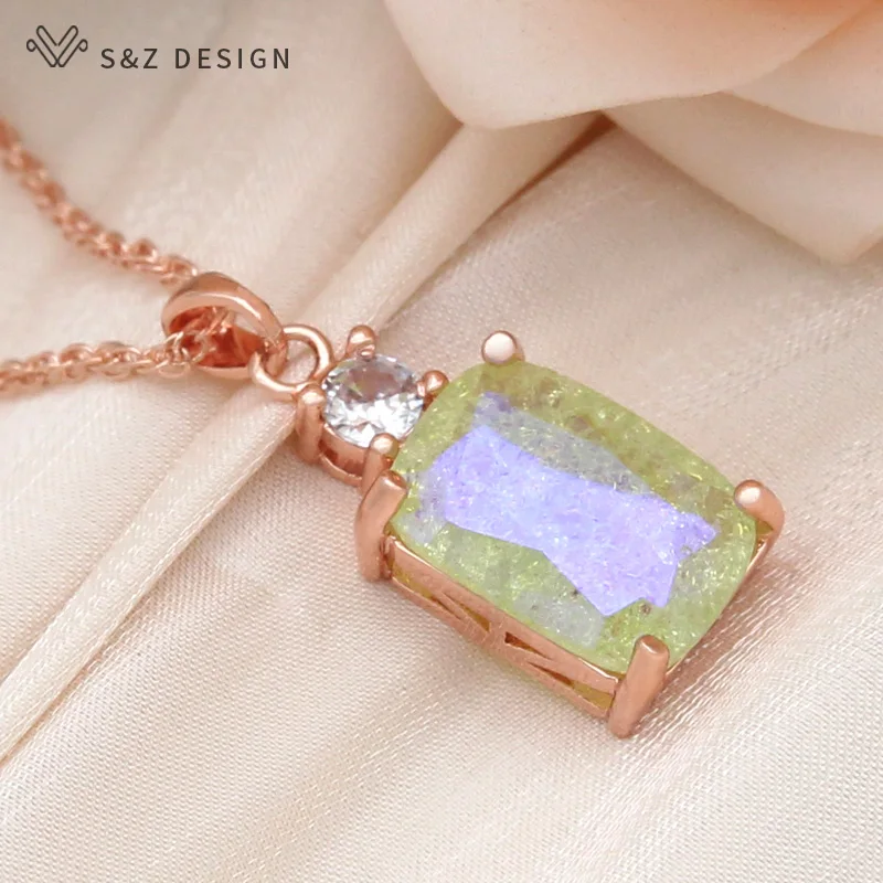 

S&Z DESIGN New Fashion 585 Rose Gold Color Cubic Zirconia Rectangle Crystal Pendant Necklace For Women Wedding Party Jewelry