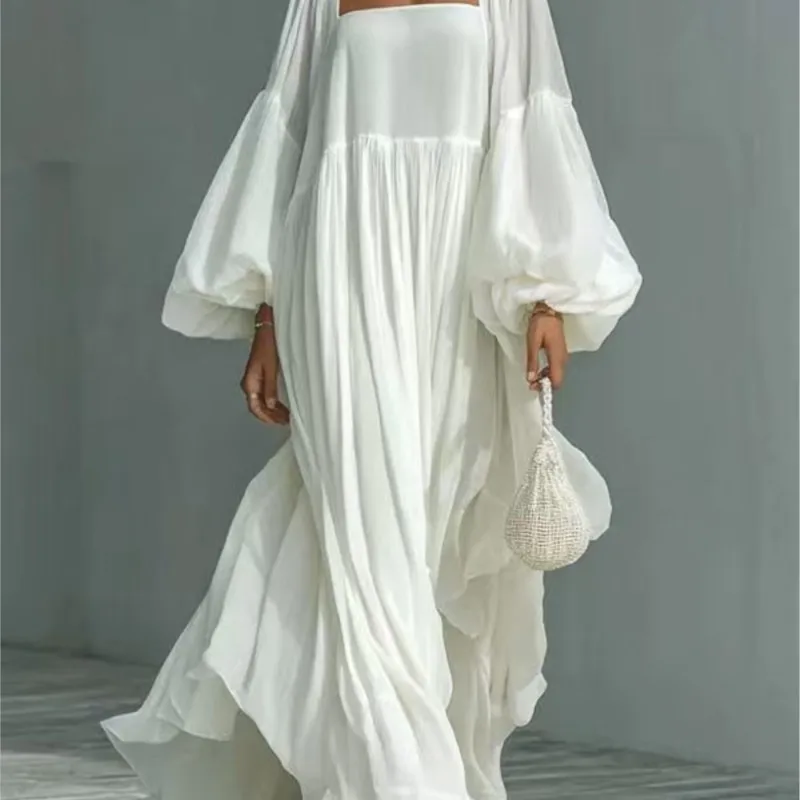 loose flowy white dress flowy maxi white dress Casual White Chiffon Long Maxi Dress White / US 14