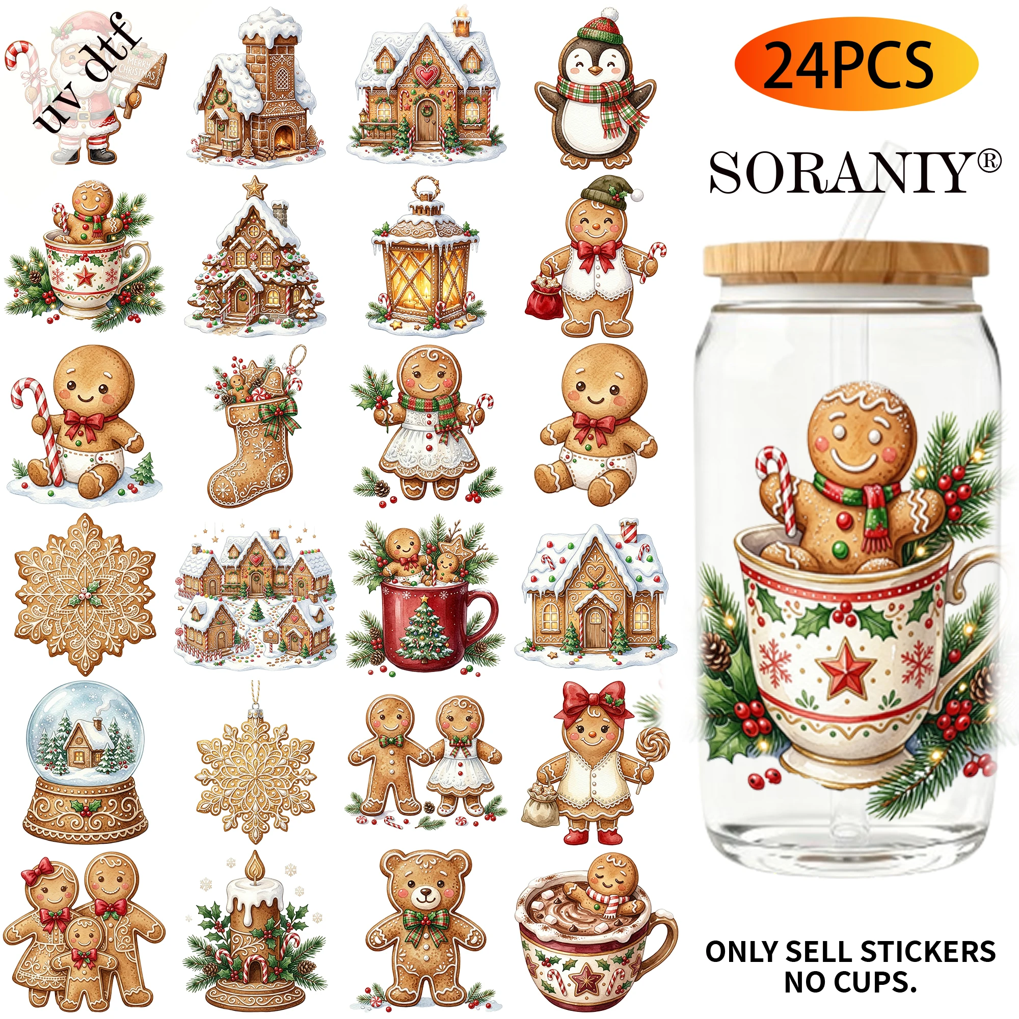 UV DTF Transfer Stickers - 24Pcs/Set Gingerbread Christmas Theme UV DTF 16OZ DIY Transfer Stickers