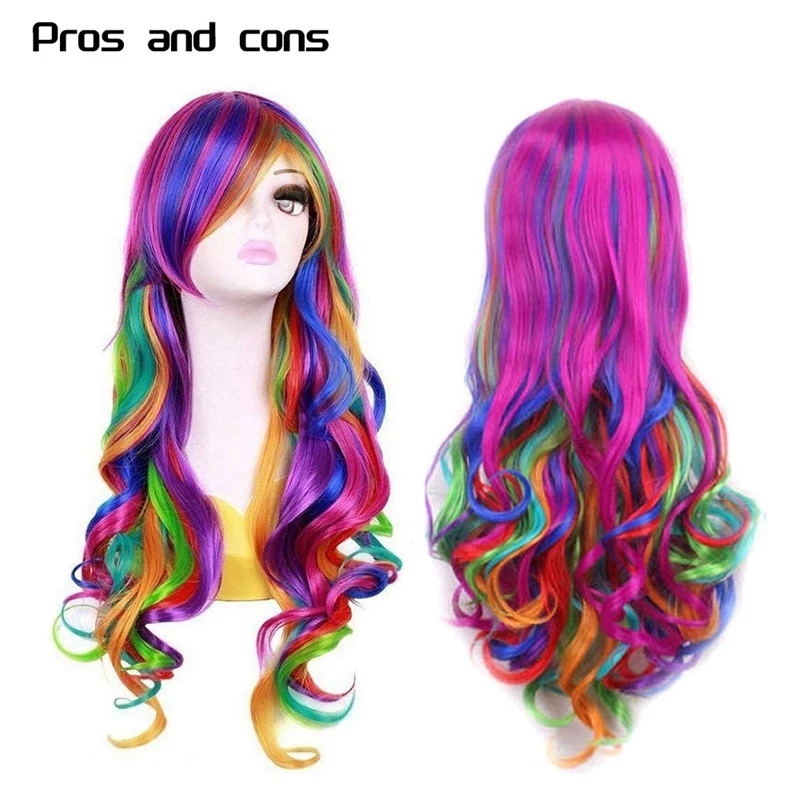 Lady Rainbow Long Curly Wigs Fashion Cosplay Costume Hair Anime Full Wavy Party Wig 70cm