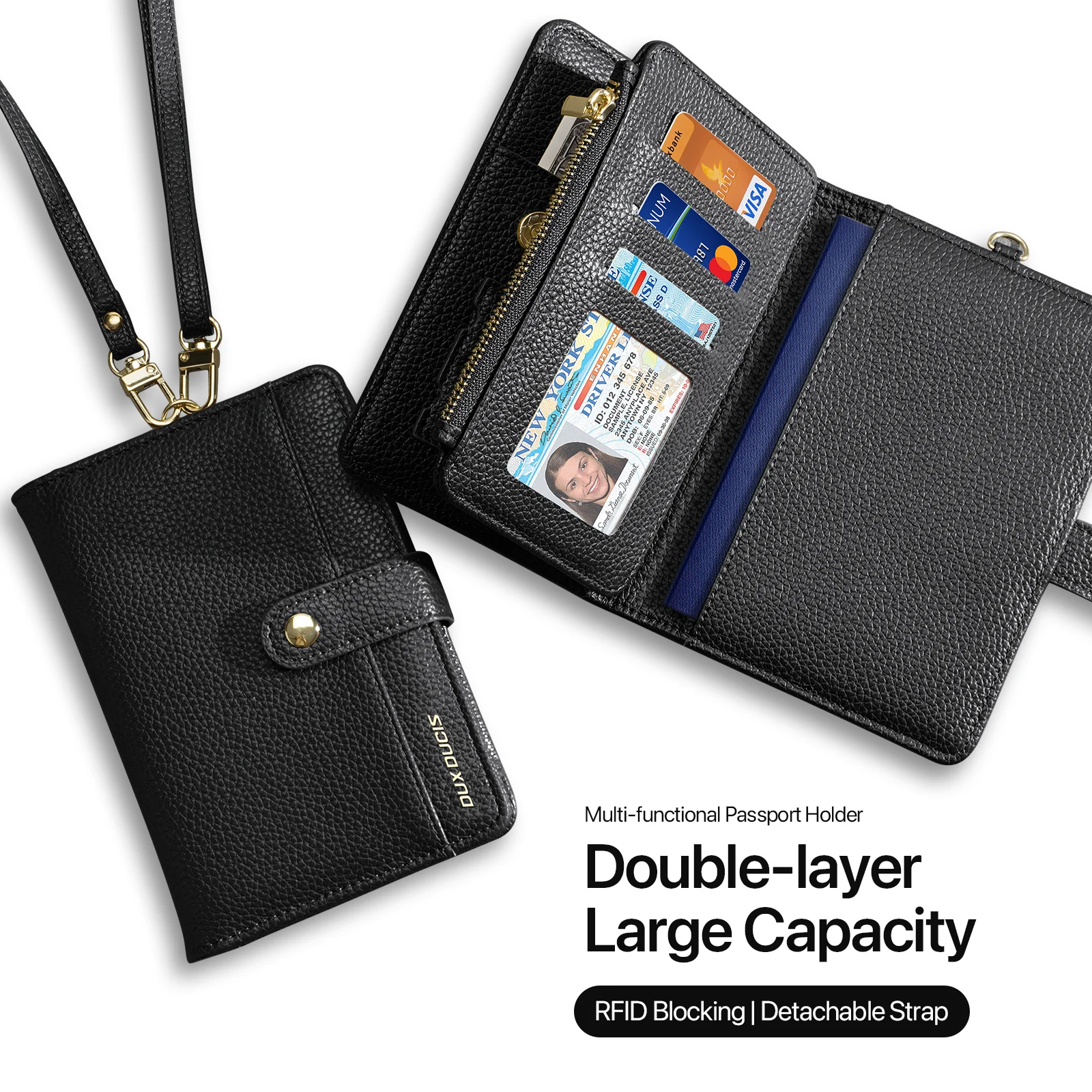 Nuovo portafoglio porta passaporto unisex di grande capacità - Organizzatore di carte da viaggio in pelle PU con blocco RFID con fermasoldi