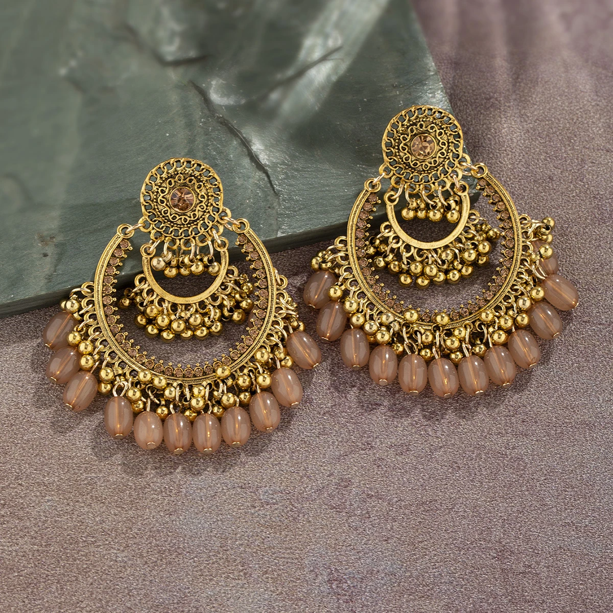 Vintage Women\'s Big Round Hollow Earrings Indian Jewelry Gypsy Gold Plated Beads Tassel Wedding Earrings Jhumka Bohemia Jewelry