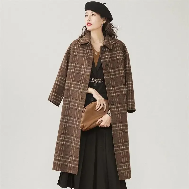 

Long Thick Coat for Women's Temperament Korean Version Trench Winter New Lapel Plaid Blended Double-sided Woolen Retro Medium