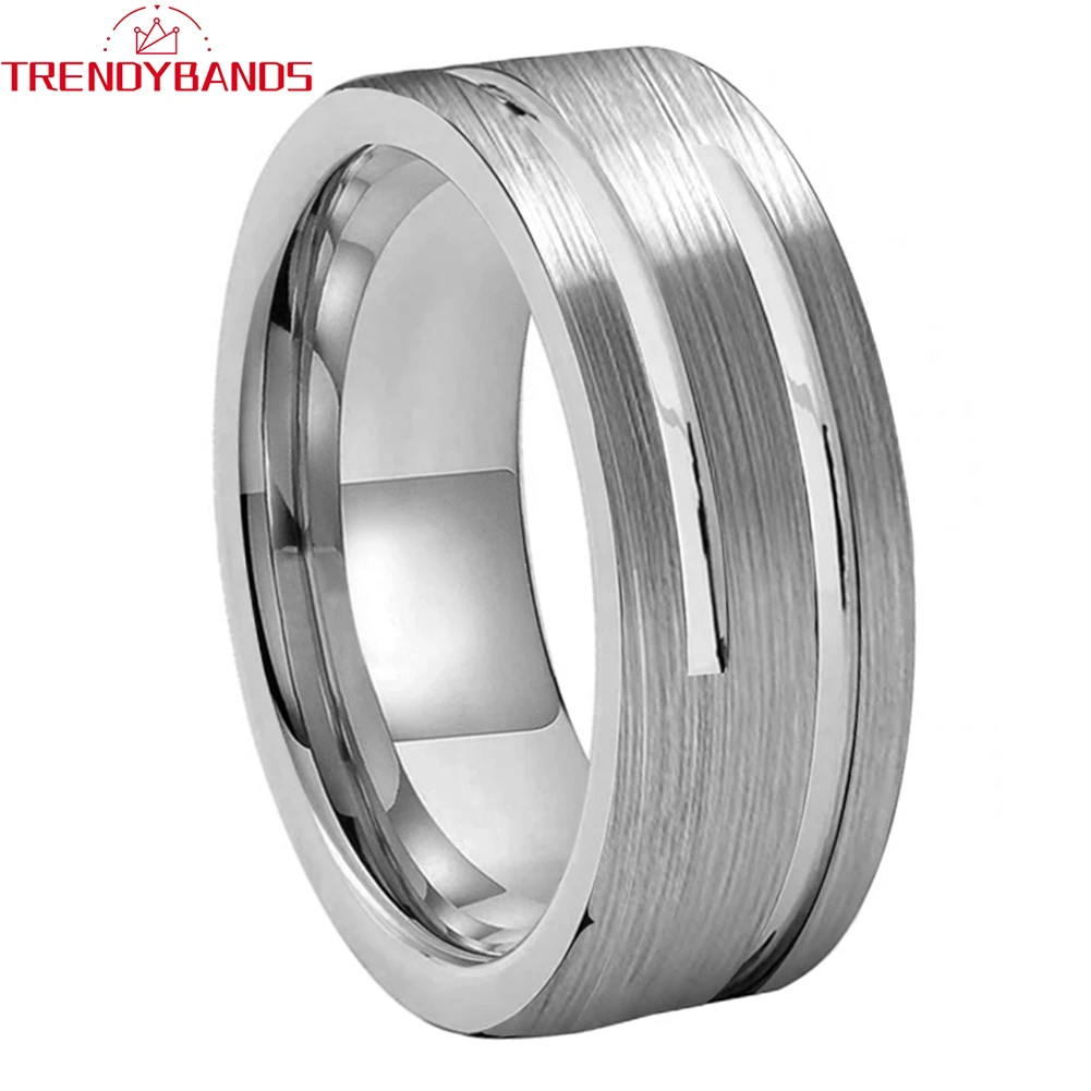 8mm Tungsten Carbide Fashion Jewelry Engagement Ring Wedding Band Flat Grooved Brushed Finish Comfort Fit