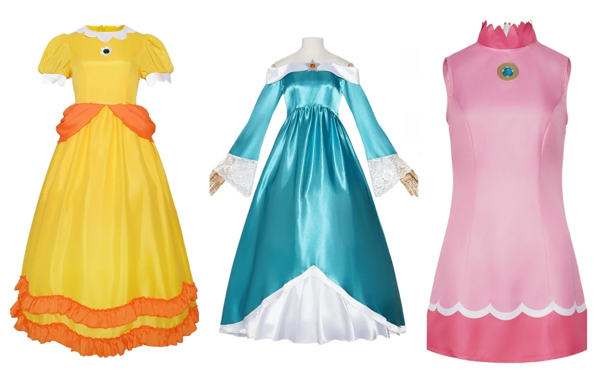 Disfraz de Princesa para Cosplay, Traje Rosa, Azul y Amarillo, Vestido con Corona y Guantes para Halloween