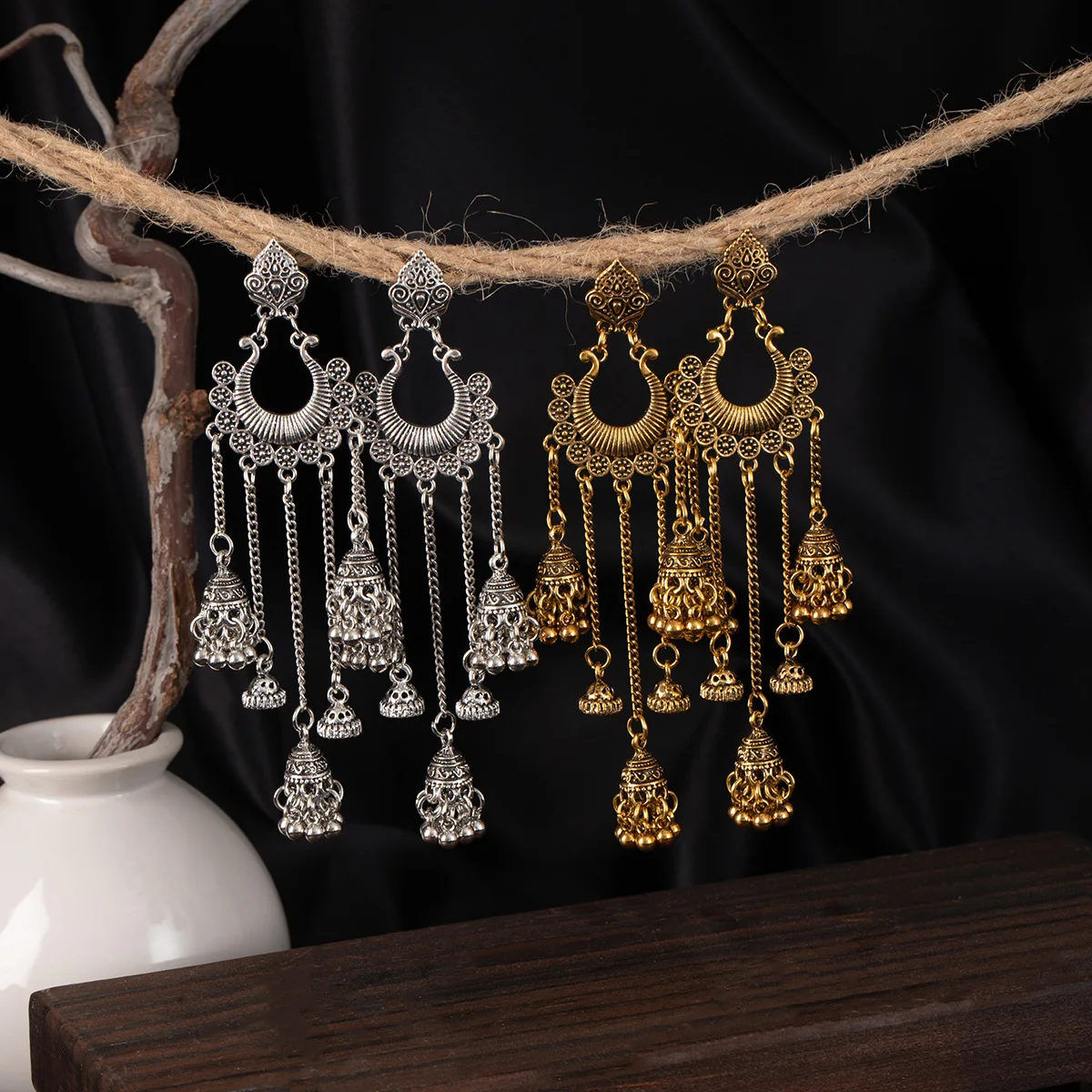 Ethnic Indian Bell Long Tassel Earring Women's Vintage Jhumka Turkish Gold Plated Round Geometric Earrings Pendientes Brincos