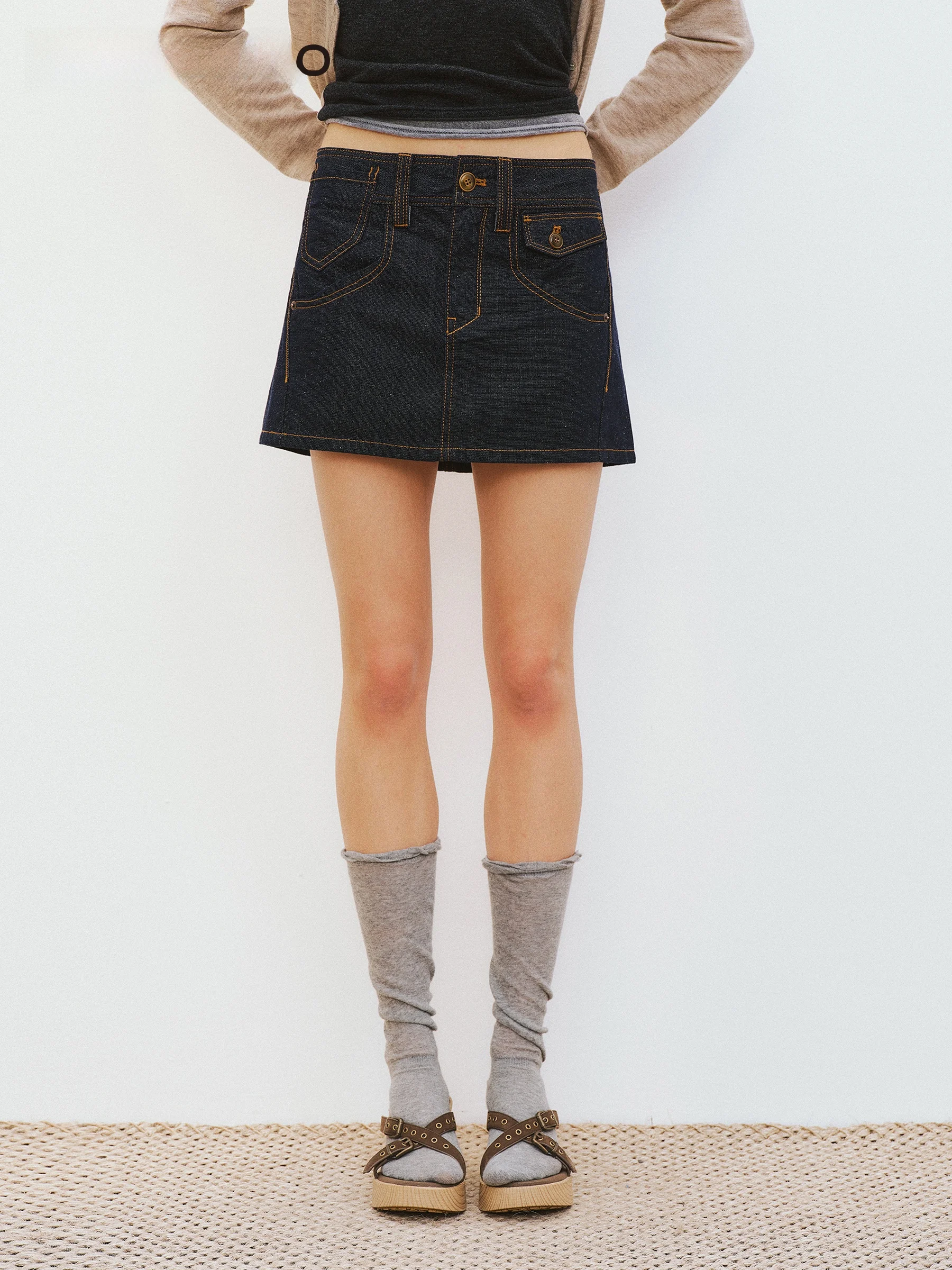 

VERMO Textured Denim Deconstructed Classic Vintage Mid-Low Waist Square Cut Short Half Skirt Women's Fashion Spring 2026