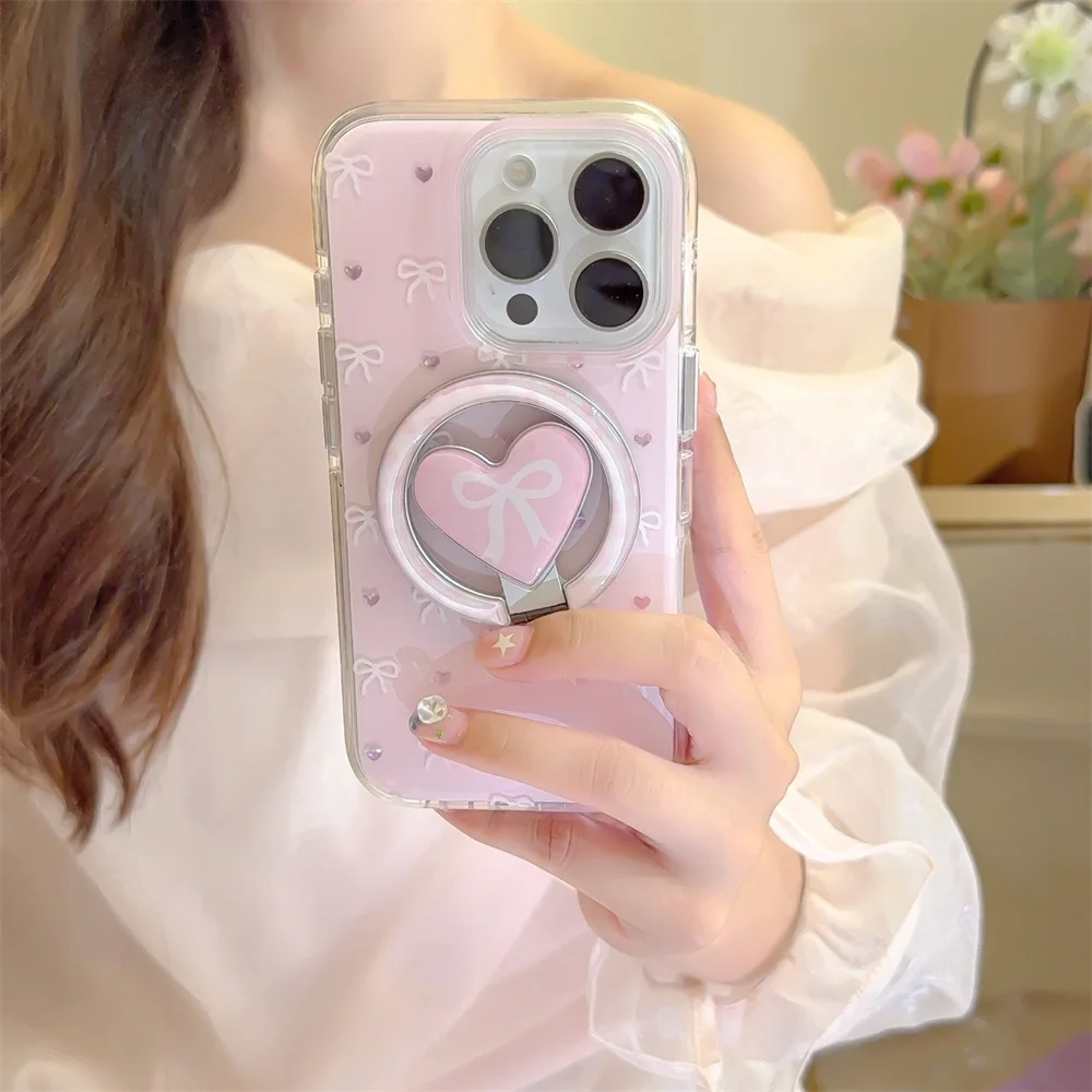 

Korean INS cute bow magnetic stand phone case for iPhone 13 14 15 16 17 Pro Max Cover Lovely Anti-fall Protective For Magsafe Co