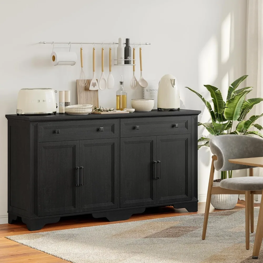 Credenza da buffet da 63", mobiletto portaoggetti da cucina, grande credenza con cassetti e ante, consolle da bar in legno per vino