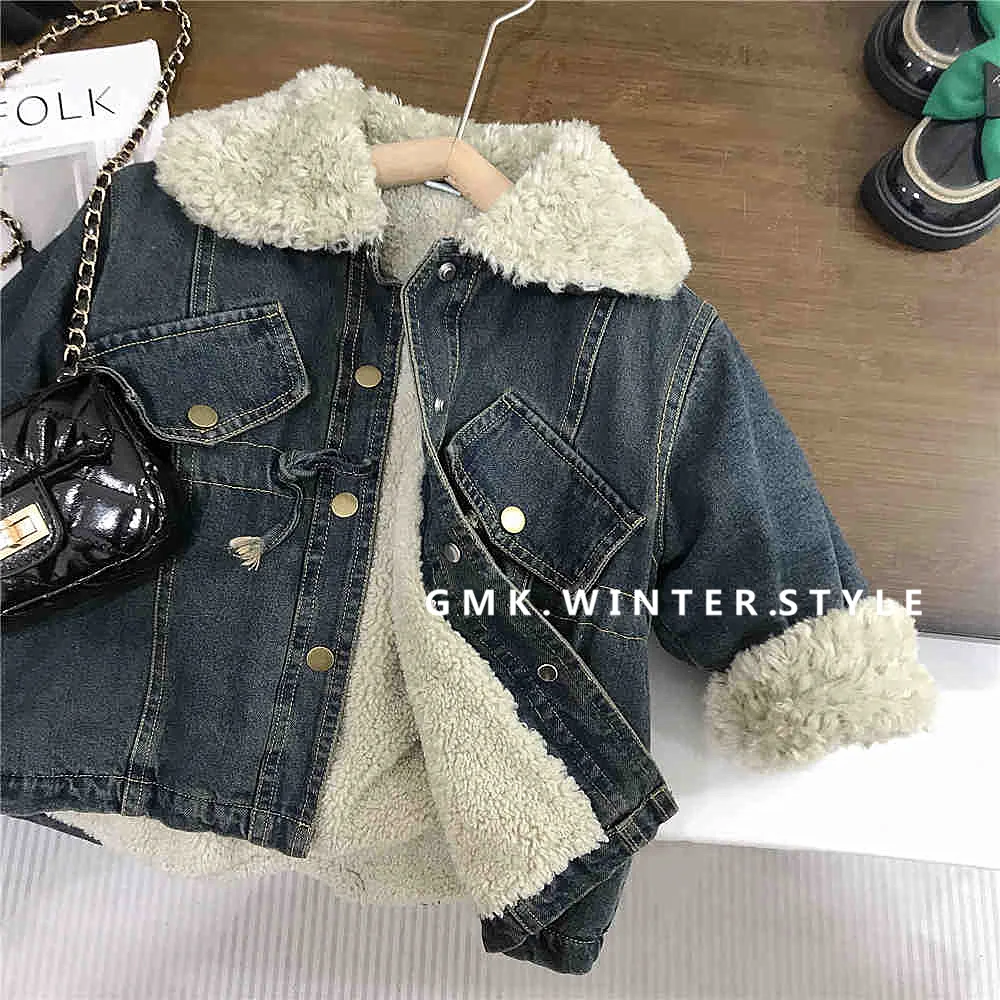 Autumn Winter Children Girl Denim Coats Cotton Fleece Thick Toddler Kid Girl Woolen Coat Loose Elastic Waist Little Girl Jackets